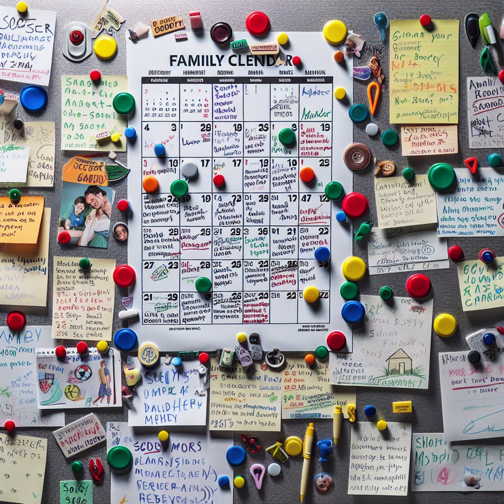 A busy family calendar covered in handwritten notes, magnets, and kids' drawings — the chaos that Run Our House replaces.