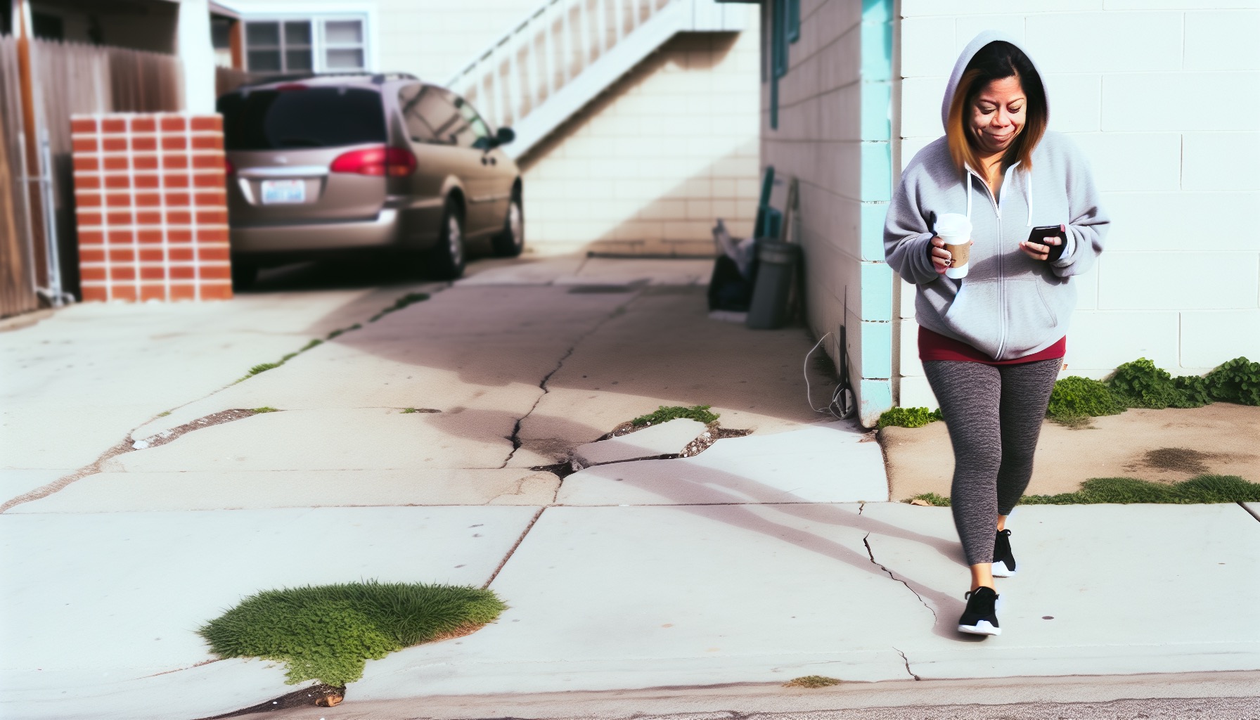 A mom walking through a grocery store parking lot with her phone and stroller — relaxed and in control of her day.