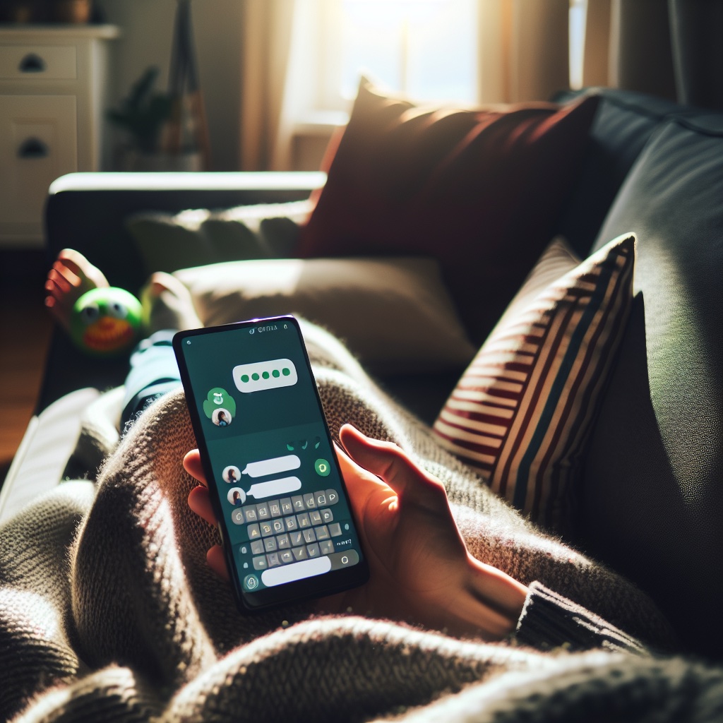 A person texting their family assistant from the couch — managing household tasks from anywhere.